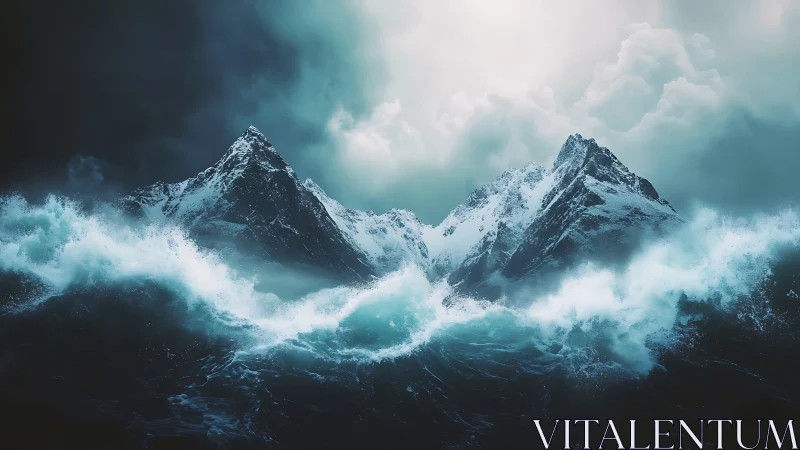 Glacial twin peaks in storm-tossed teal ocean under clouds