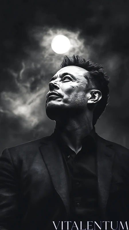 Lunar backlit portrait under high contrast monochrome sky.