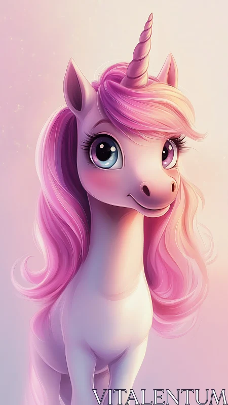 Sweet pastel unicorn with bright eyes and flowing pink mane.