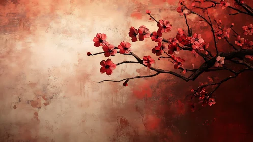 Red cherry blossoms on textured warm gradient background.