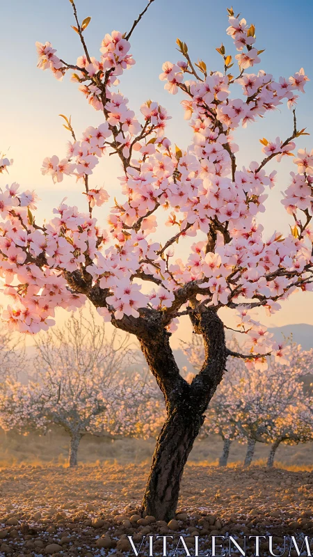 Almond tree in full pink blossom glows in gentle sunset light