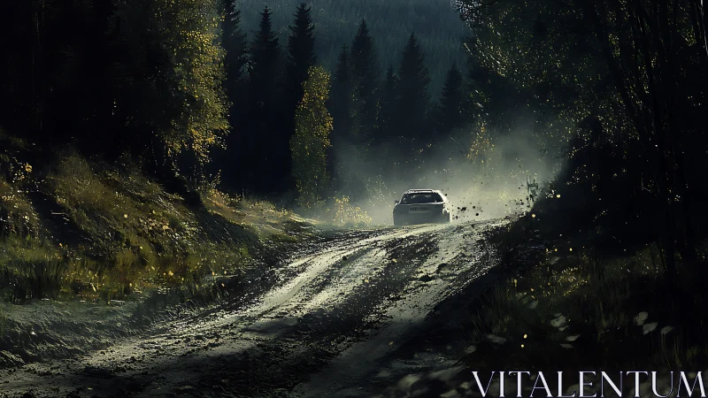 Digital painting of rally car on misty forest dirt track.