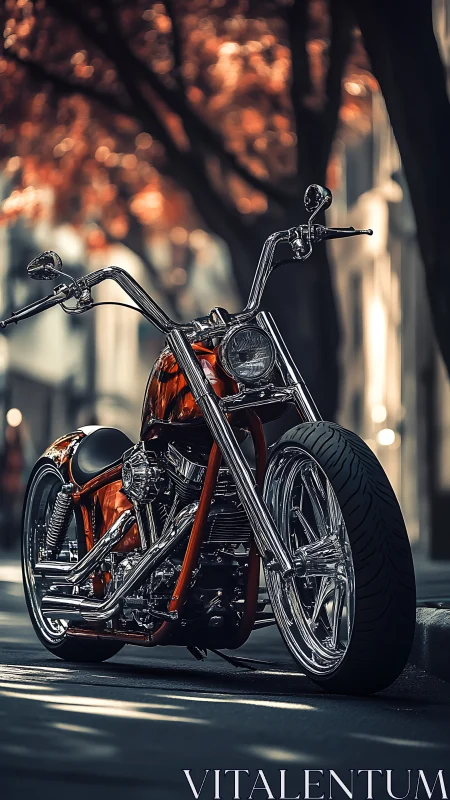 Custom chrome motorcycle parked on urban street at dusk.