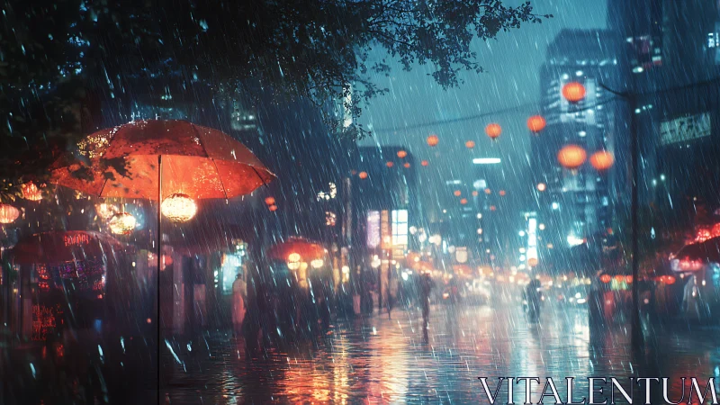 Red umbrellas shelter soft neon rain in a glowing city night.