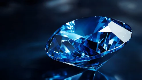 Cut blue gemstone on dark reflective studio background.