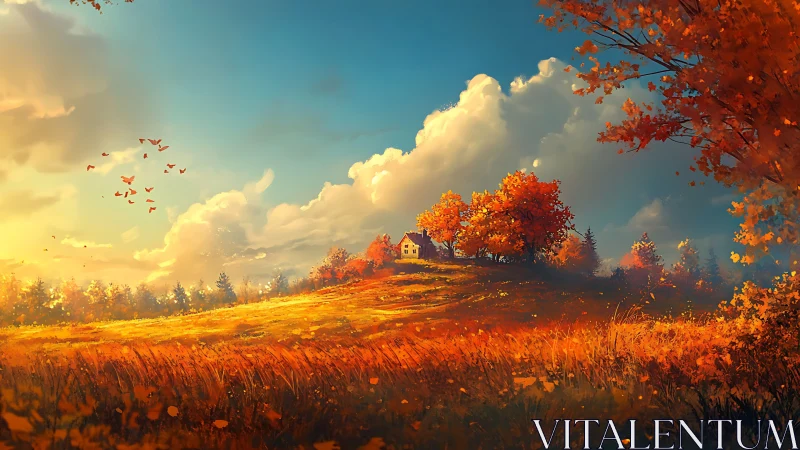 Golden hilltop cottage glowing in gentle autumn light.