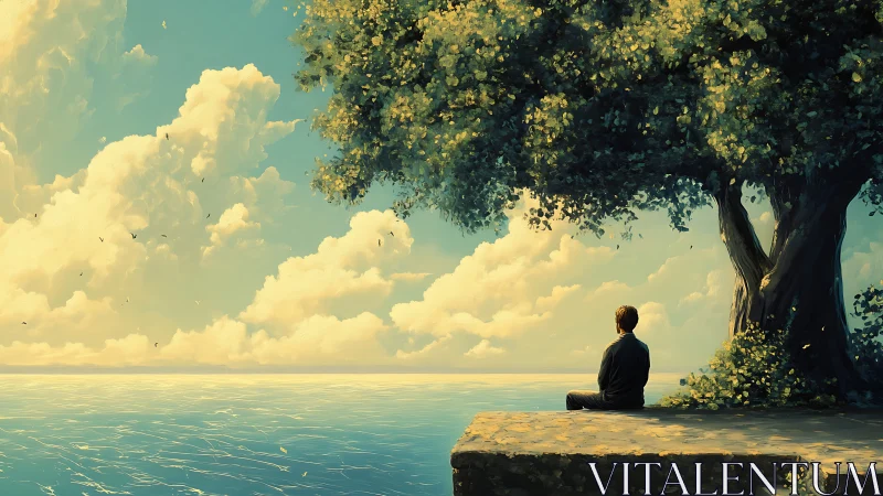 Solitary figure sits under large tree beside calm sea