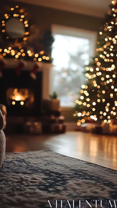 Shallow depth holiday interior with fireplace bokeh and tree