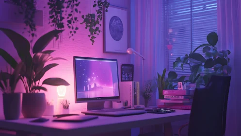 Dreamy RGB-lit home office with lush indoor greenery.