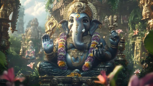 Digital painting of ornate Ganesha sculpture in lush shrine.