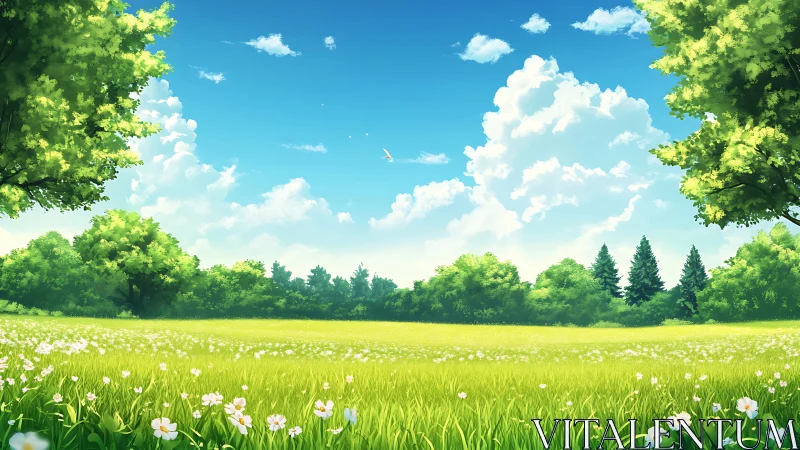 Sunny green meadow extends toward distant tree line and sky