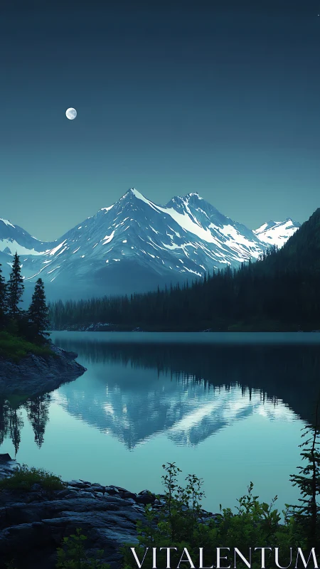 Snowy mountain lake under moonlit blue night sky.