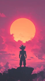 Saiyan silhouette faces neon sun over magenta clouds.