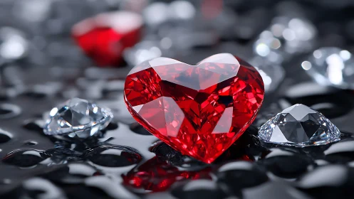 Red faceted heart gemstone with surrounding transparent crystals on reflective surface