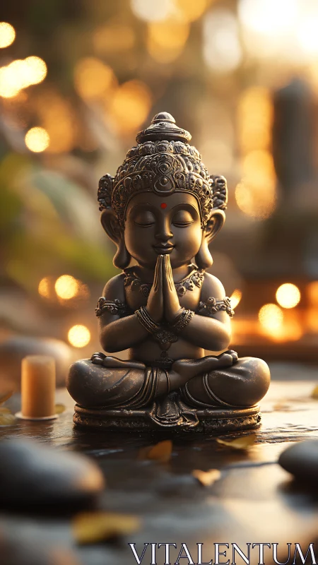 Serene Buddha statue in candlelit zen bokeh ambiance.