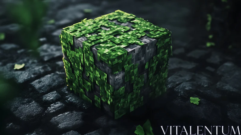 Mossy voxel relic glows quietly on rain-dark cobblestones.