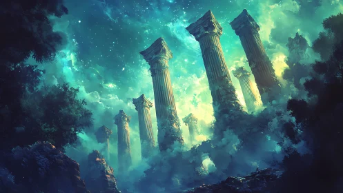 Star-drowned sky crowns celestial ruins of forgotten gods.