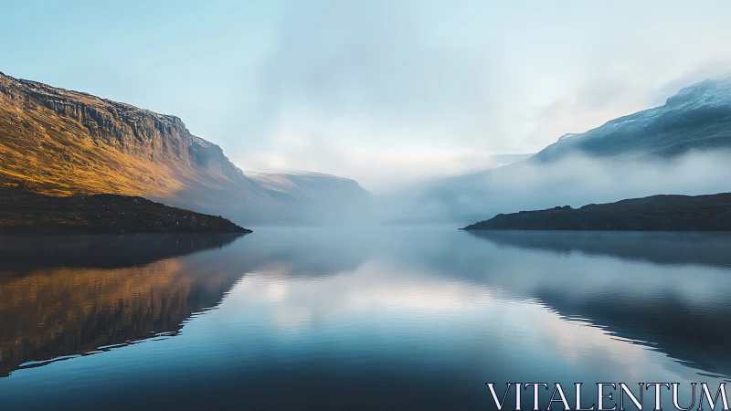 Mist rolls across a tranquil fjord beneath pale morning sky