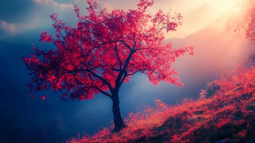 Sunlit crimson tree glowing warmly on a dreamy hillside.