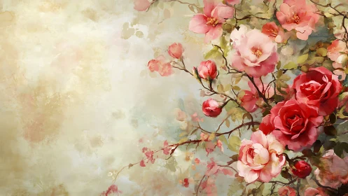 Botanical Composition with Cascading Roses in Soft Oil Medium
