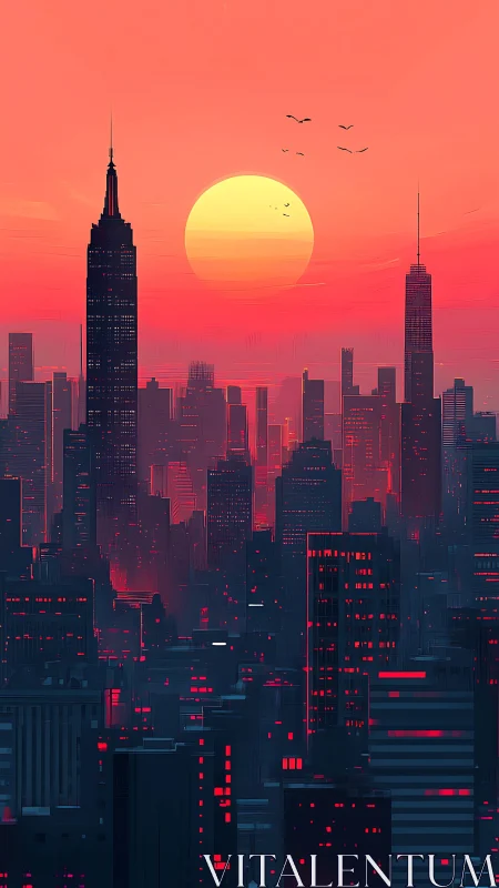 Neon-lit city skyline glows beneath a blazing digital sunset