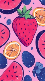 Bold strawberry and citrus pattern on bright pink background.