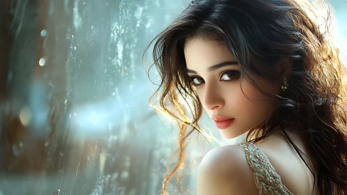 Cinematic portrait of luminous woman beside misted glass.