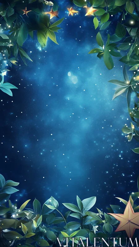 Enchanted night sky framed by glowing forest leaves.