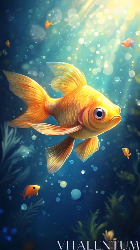 Vibrant goldfish illuminated by caustic sunbeams underwater