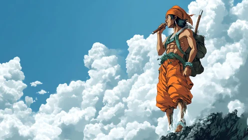 Young wanderer gazes across a sea of clouds and open sky.