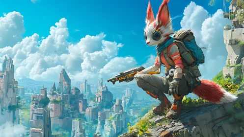 Cyber-scout vulpine operative surveying vertical eco-megacity.