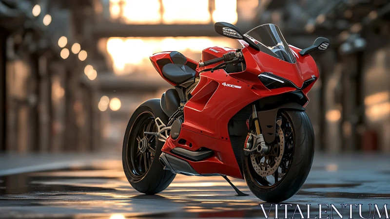 Red sport motorcycle in industrial warehouse light.