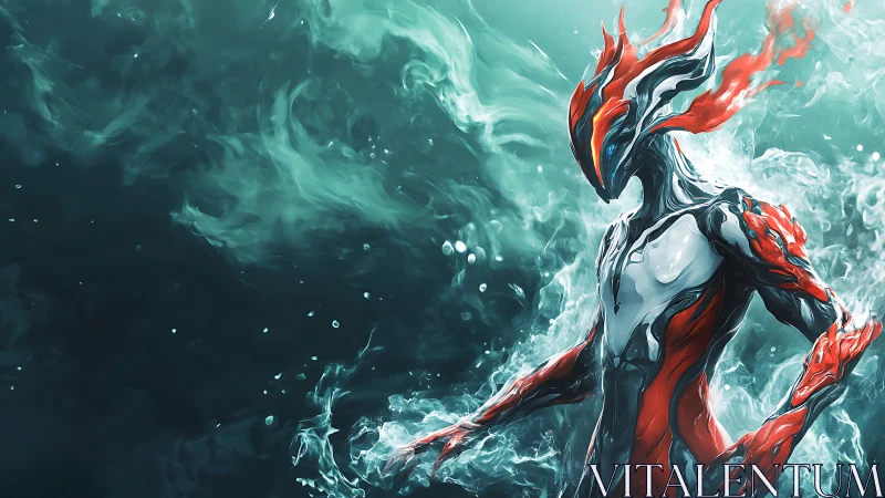 Elemental cybernetic warrior rising through swirling aqua storm.