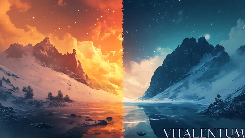 Split-spectrum alpine landscape in mirrored dual lighting.