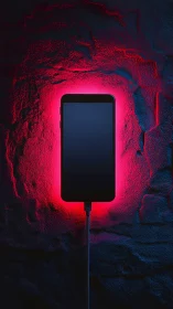 Smartphone Glowing Against Dark Textured Stone Wall