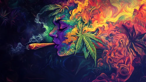 Psychedelic cannabis muse exhaling swirling neon smoke.