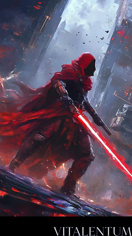 Hooded sci fi warrior ignites crimson blade in ruined cityscape