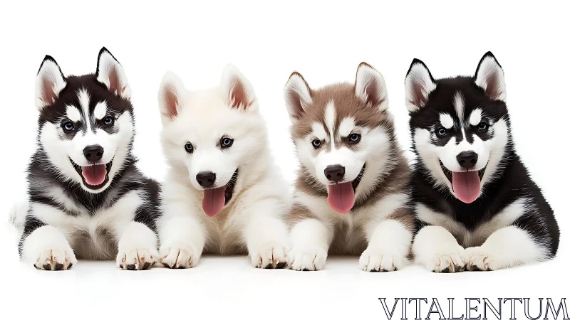 Four Siberian Husky puppies lie aligned against white background