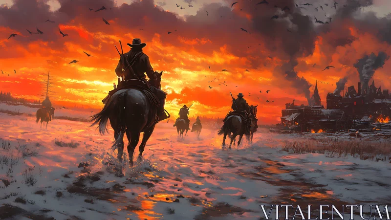 Winter riders approach burning frontier town at fiery sunset