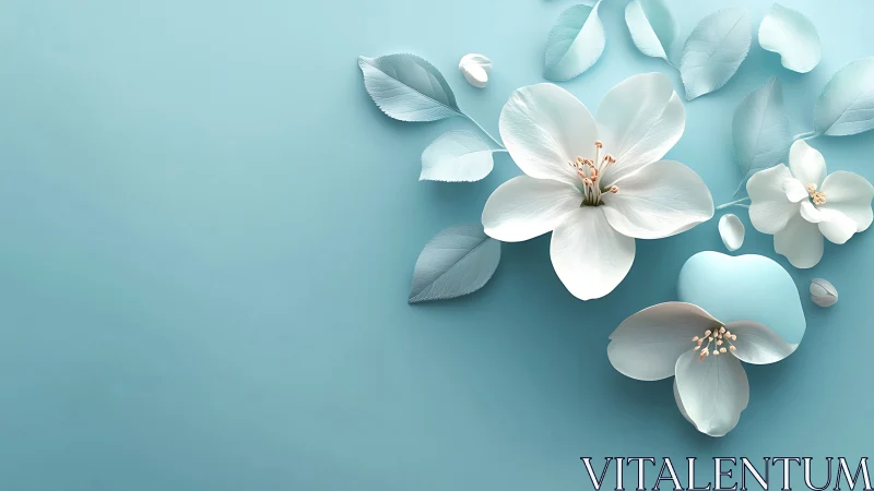 White Flowers with Teal Background and Foliage.