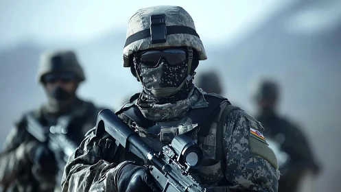 Soldier in digital camouflage holds rifle during field patrol