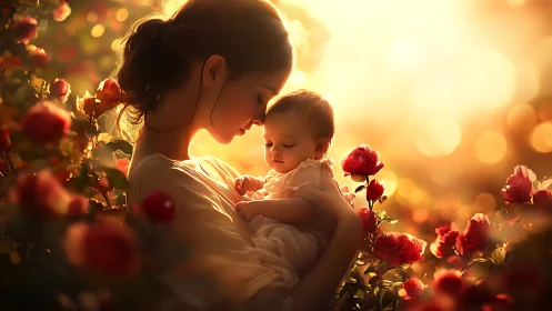 Mother and infant surrounded by blooming red flowers in golden hour backlighting.