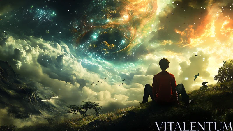 Stargazing dreamer beneath swirling cosmic stormscape sky.