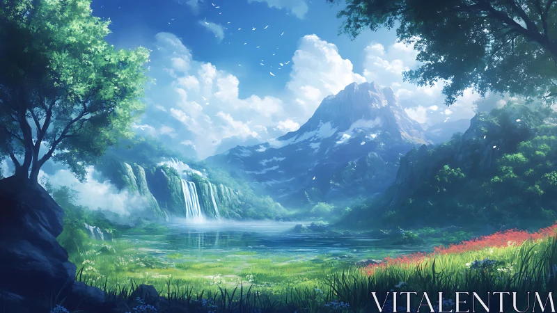 Gentle waterfalls and sunlit mountains in a quiet green valley.