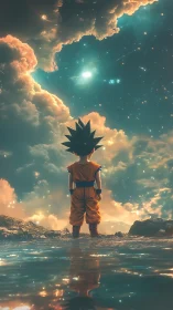 Young star-watcher standing beneath glowing cosmic clouds.