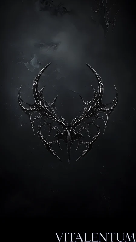 Symmetrical dark metal emblem forms antlered crest in void
