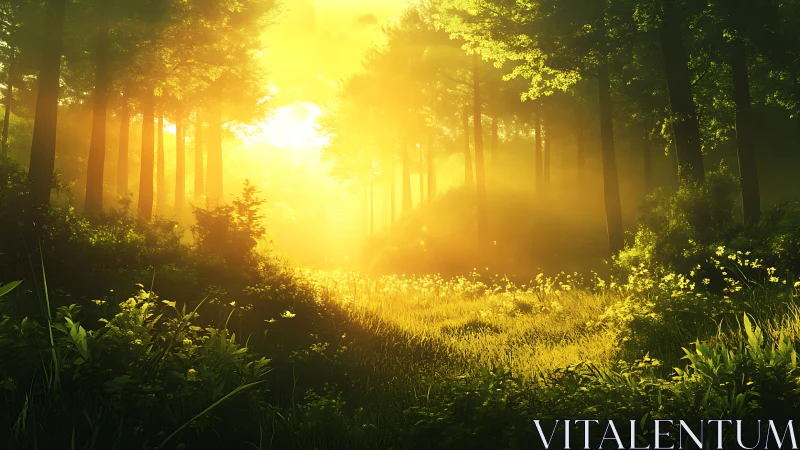 Digital forest glade with luminous sunrise volumetric lighting.