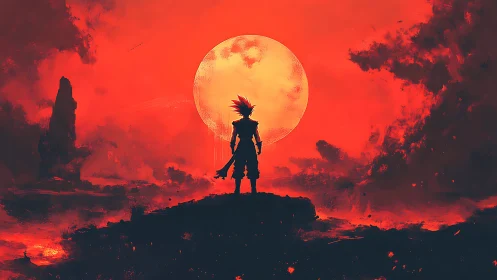Silhouetted warrior studies a colossal moon in crimson sky