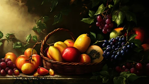 Luminous wicker basket of ripe fruit in chiaroscuro still life.