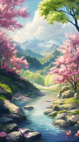 Landscape scene shows river, flowering trees and distant mountains